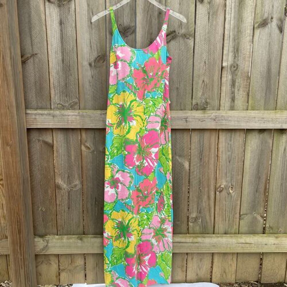 Lilly Pulitzer Dress Palm Big Flirt Jersey Maxi Tank Tie Back Floral XS Summer